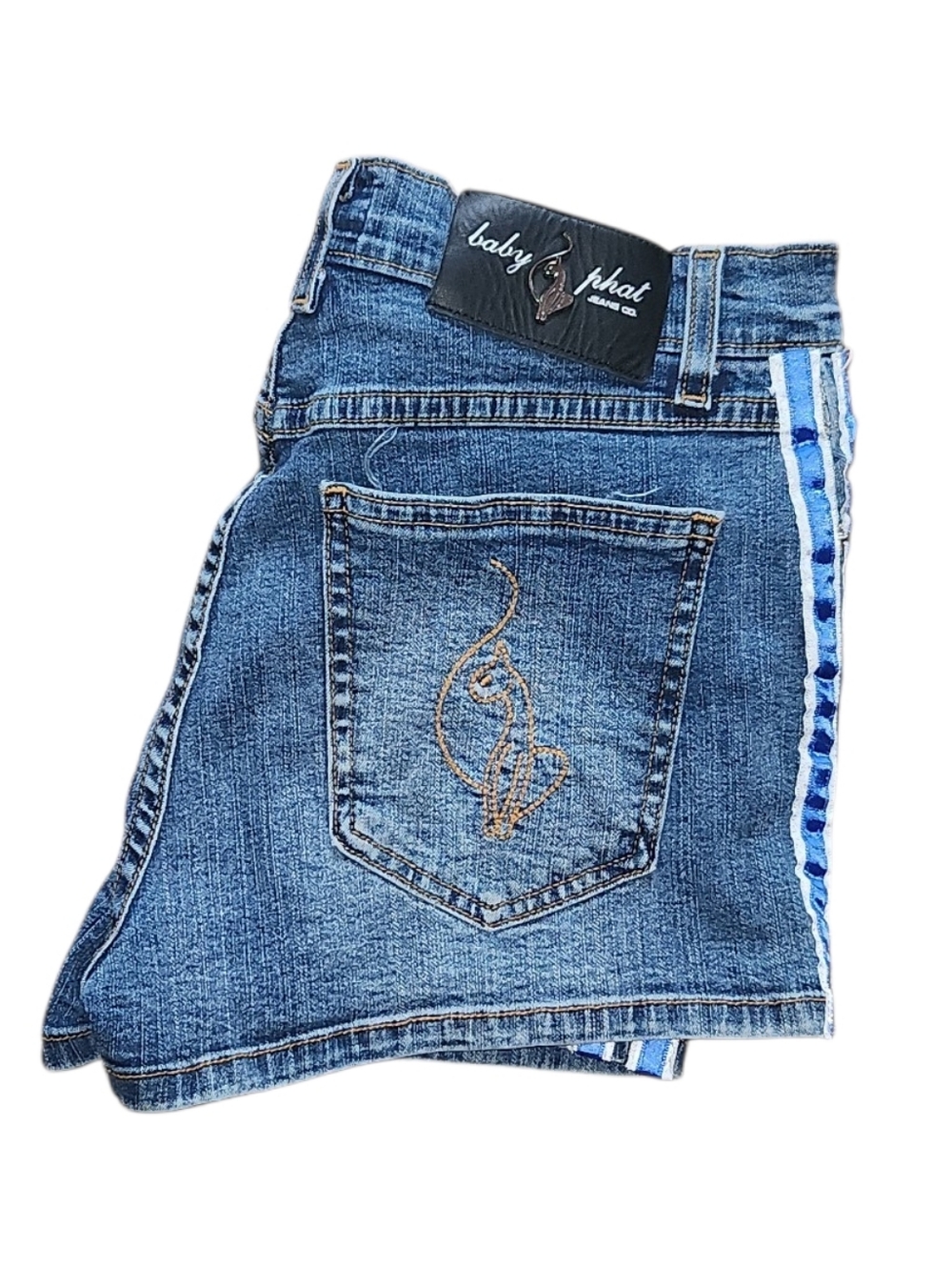 Baby Phat Women's Blue Denim Shorts with Embroidered Pocket & Blue Side Stripe